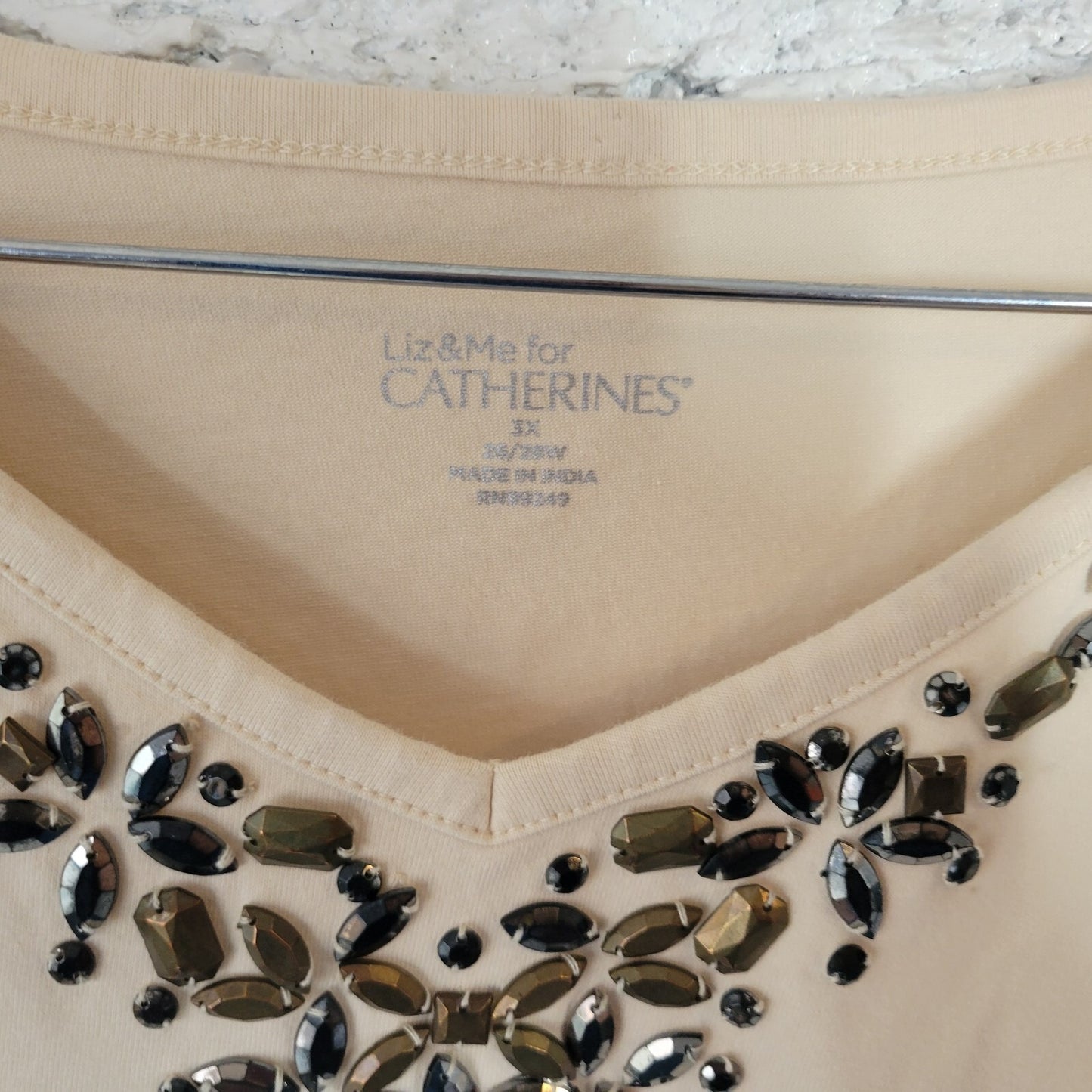 Catherines Liz Me Womens Top 3X Plus Sleeveless Beige Beaded Cotton Blend Career