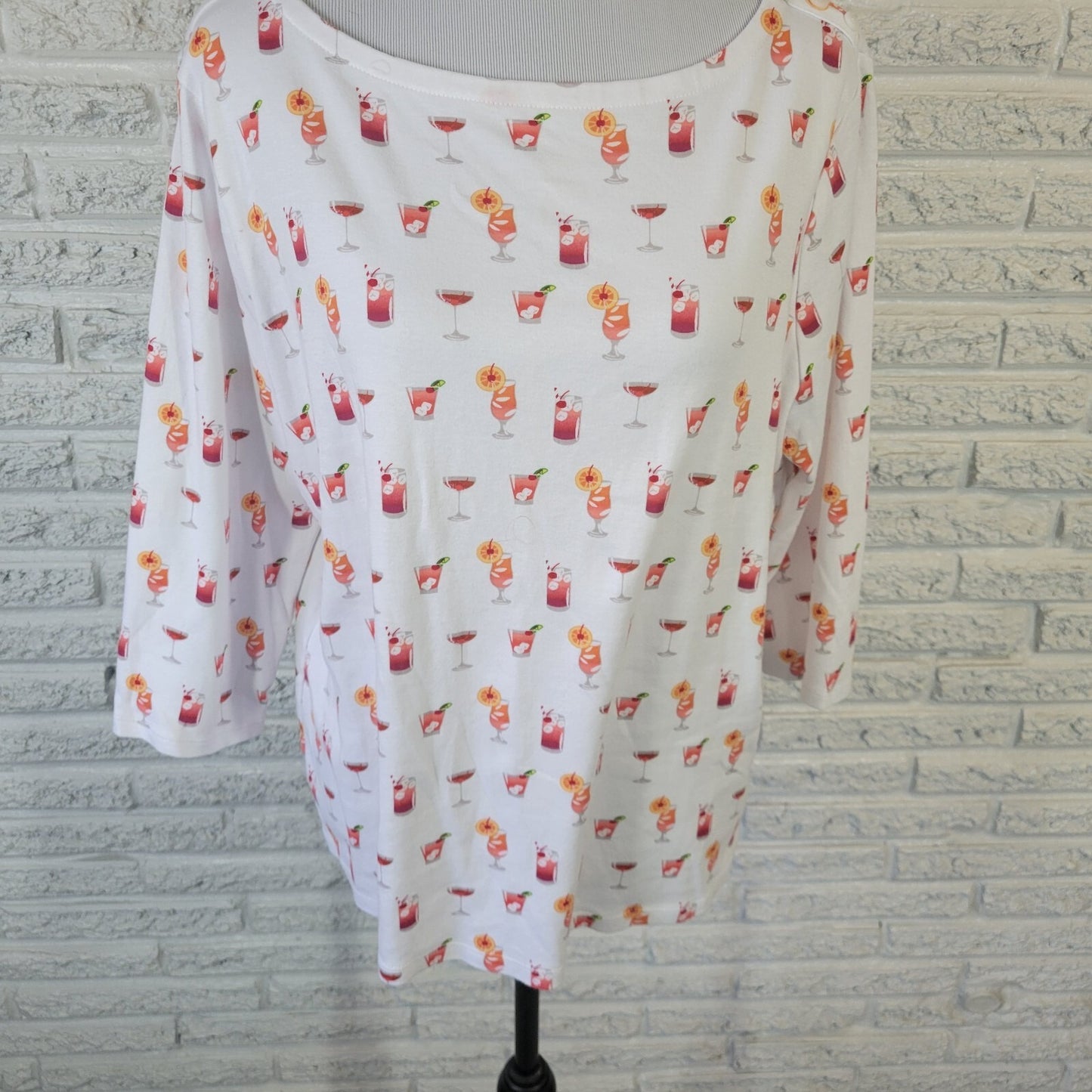 Charter Club Women Top XXL Plus Tee Pink Orange Cocktails All Over Happy Hour