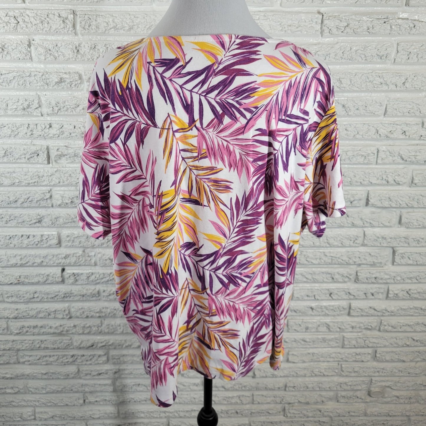 Woman Within Womens Top 1X Plus Short Sleeve Purple Yellow Floral Corded Neck