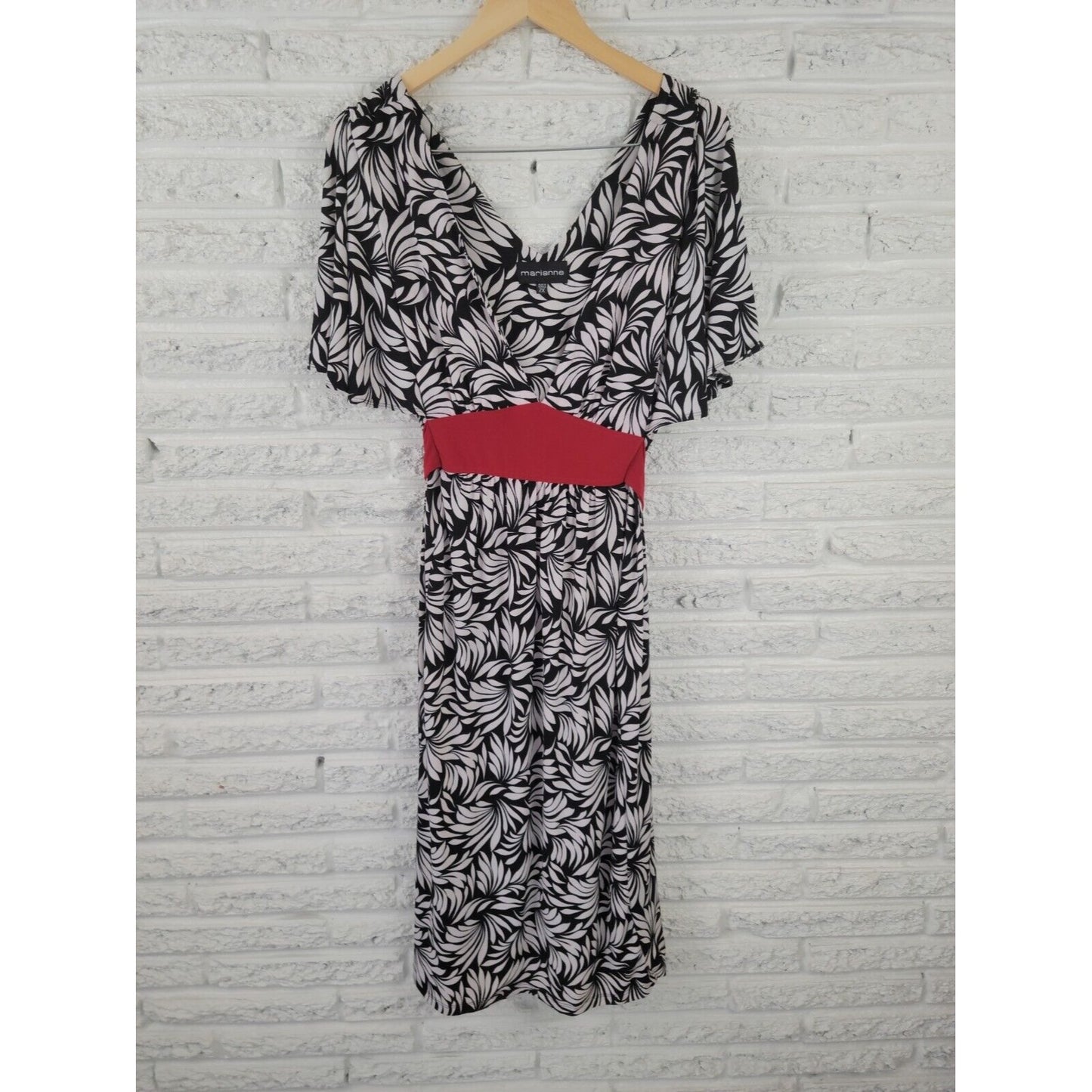 Marianne Womens Dress 2X Plus Midi Fit Flare Batwing Sleeve Black Floral Sash