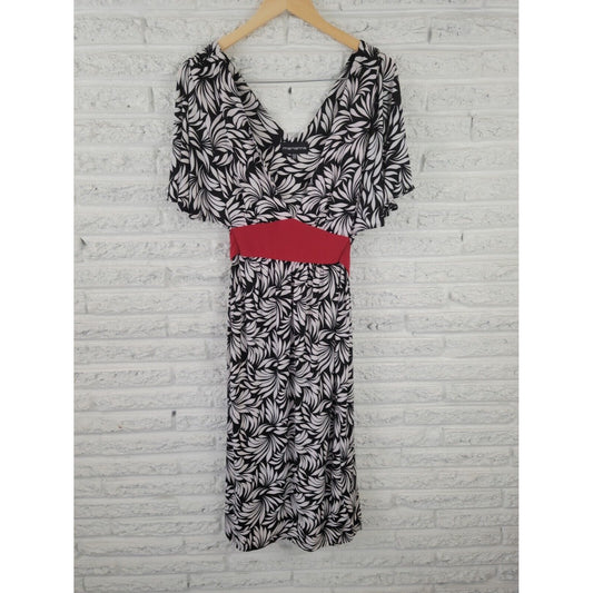 Marianne Womens Dress 2X Plus Midi Fit Flare Batwing Sleeve Black Floral Sash