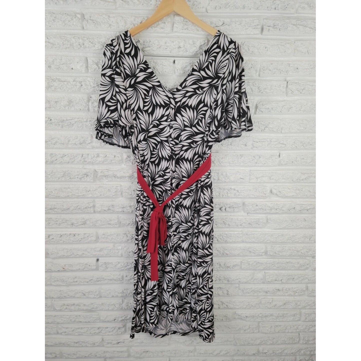 Marianne Womens Dress 2X Plus Midi Fit Flare Batwing Sleeve Black Floral Sash