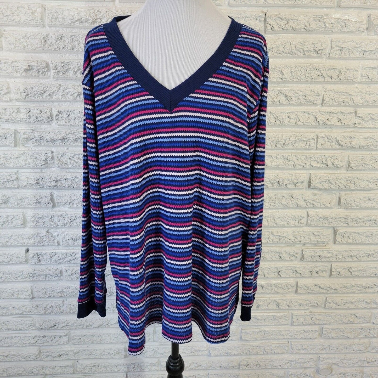 St Johns Bay Womens Sweater 2X Plus Blue Red Stripe Poly Blend Lightweight Comfy