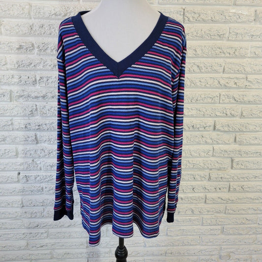 St Johns Bay Womens Sweater 2X Plus Blue Red Stripe Poly Blend Lightweight Comfy