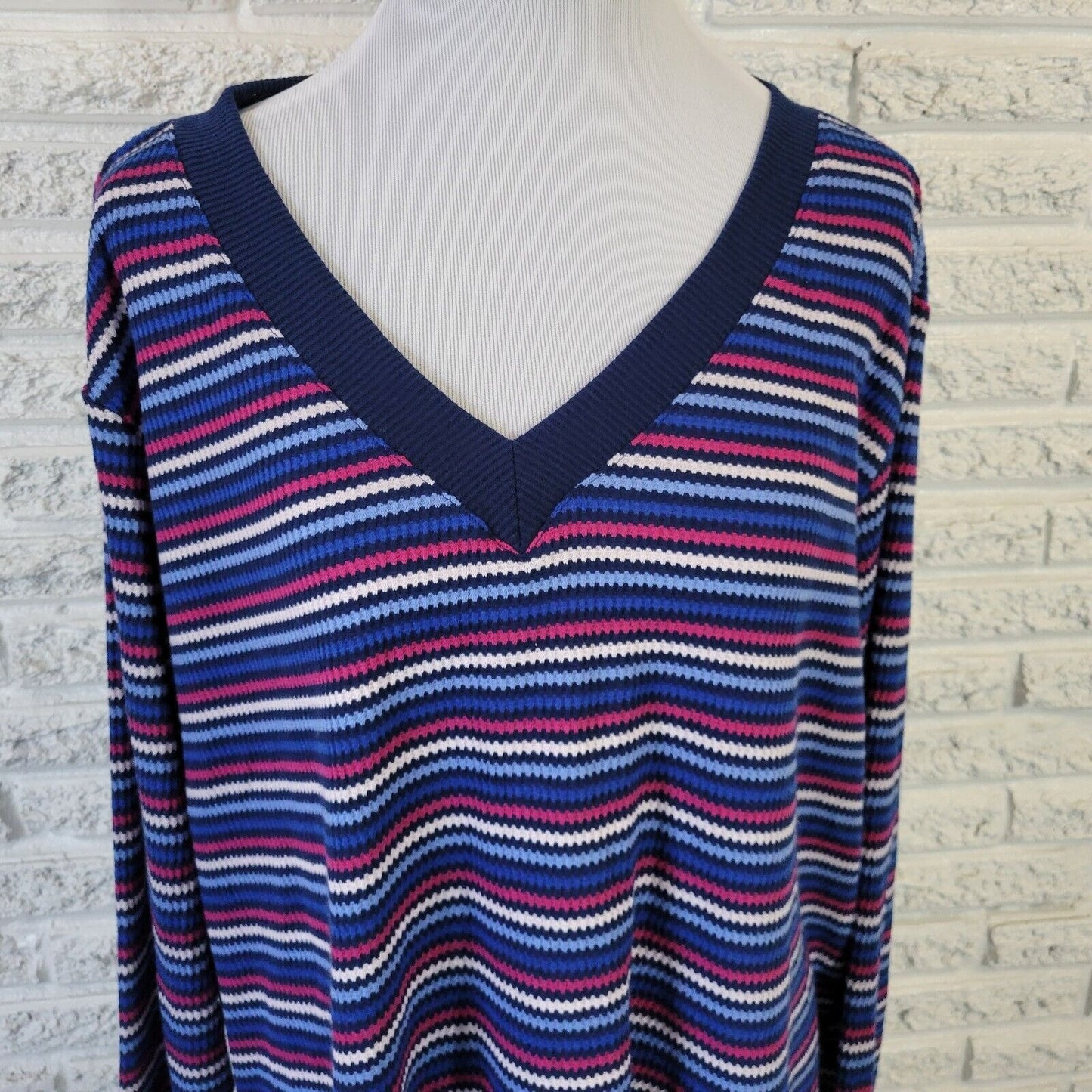 St Johns Bay Womens Sweater 2X Plus Blue Red Stripe Poly Blend Lightweight Comfy