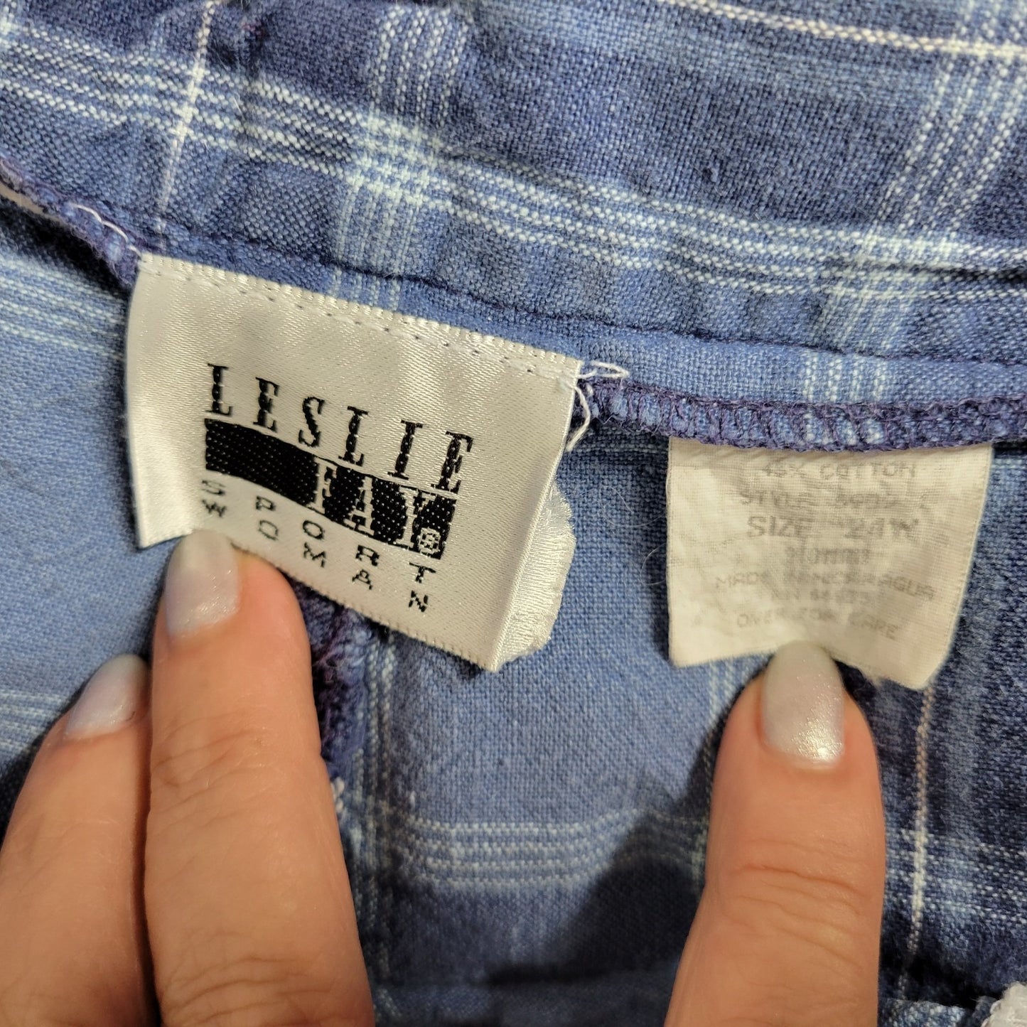 Leslie Fay Womens Shorts 24W Plus Blue White Plaid Zip Fly Linen Cotton Pockets