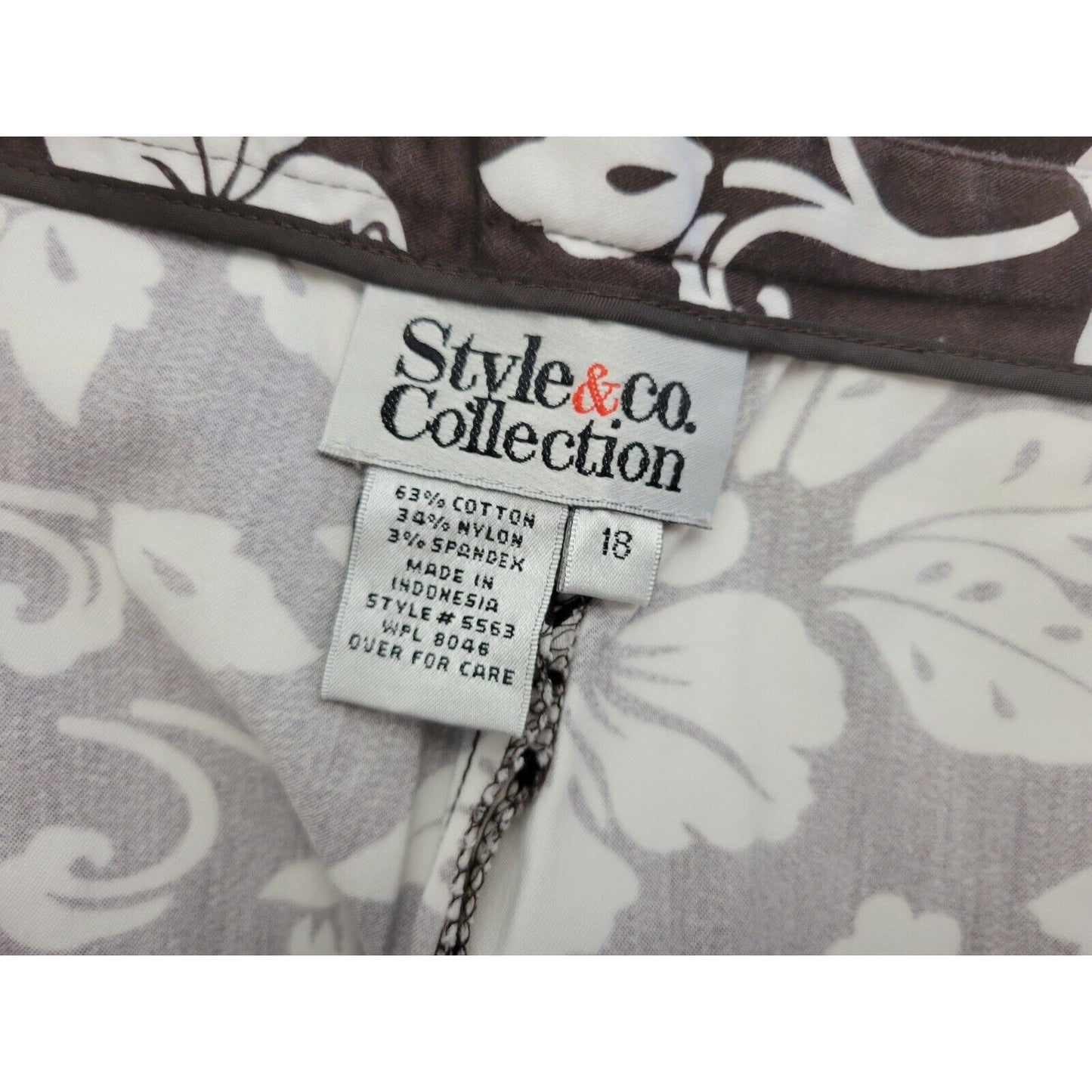 Style & Co Womens Pants 18 Plus Capri Brown White Floral NO POCKETS Cotton Blend