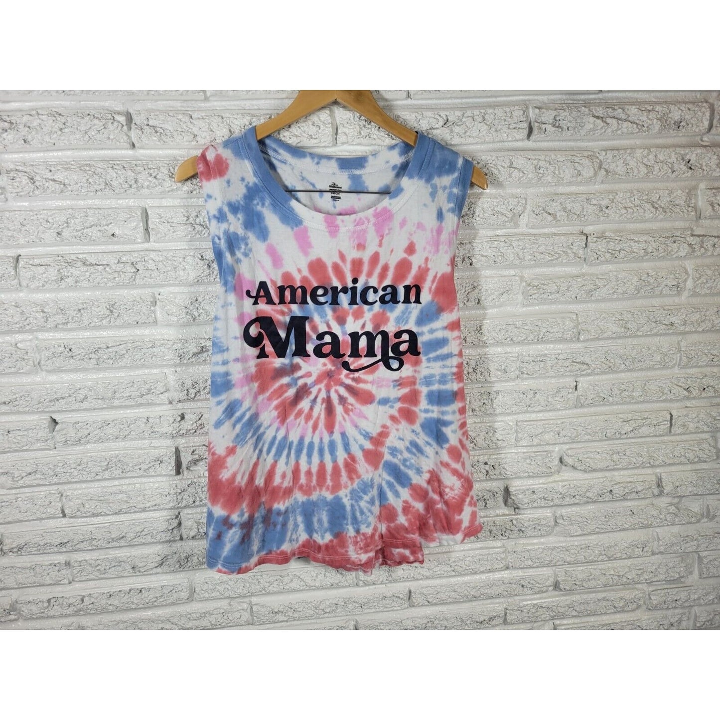 Fourth of July Womens Top XXL Plus Tee Sleeveless American Mama Blue Tie Dye