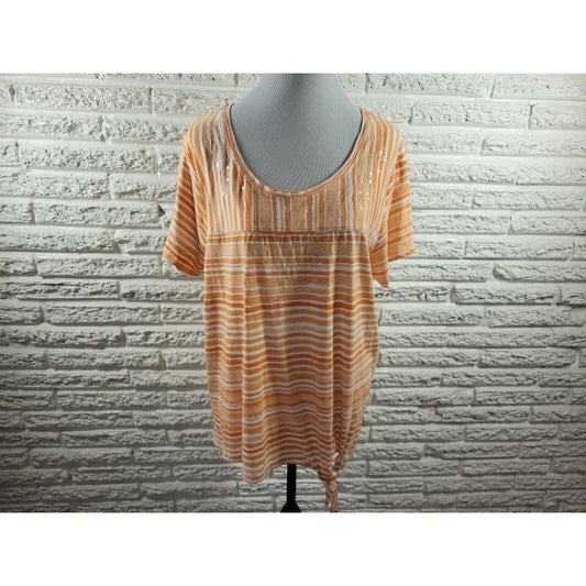 Onque Casual Womens Top 2X Plus Tee Orange Stripe Tied Hem Sequins Lightweight