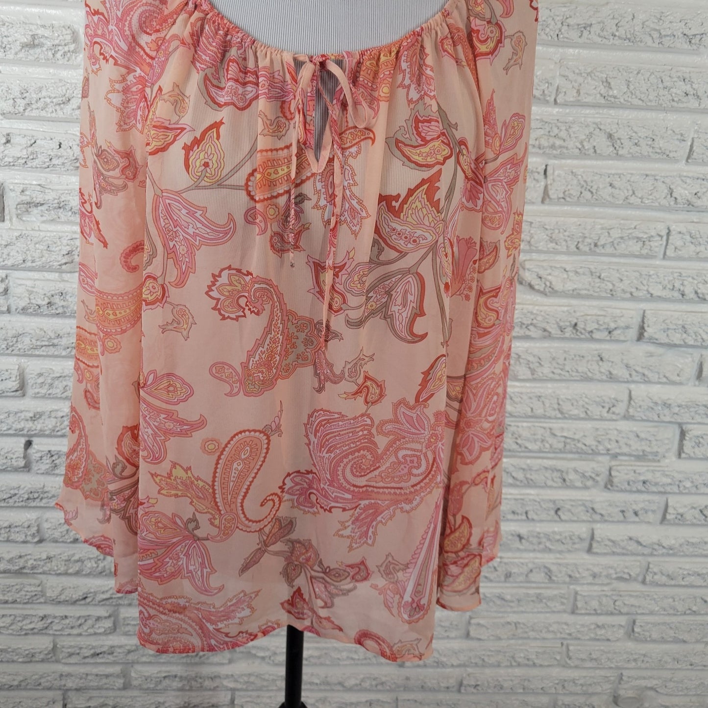 New York Co Womens Top XL Bell Sleeve Orange Paisley Lightweight Polyester Sheer