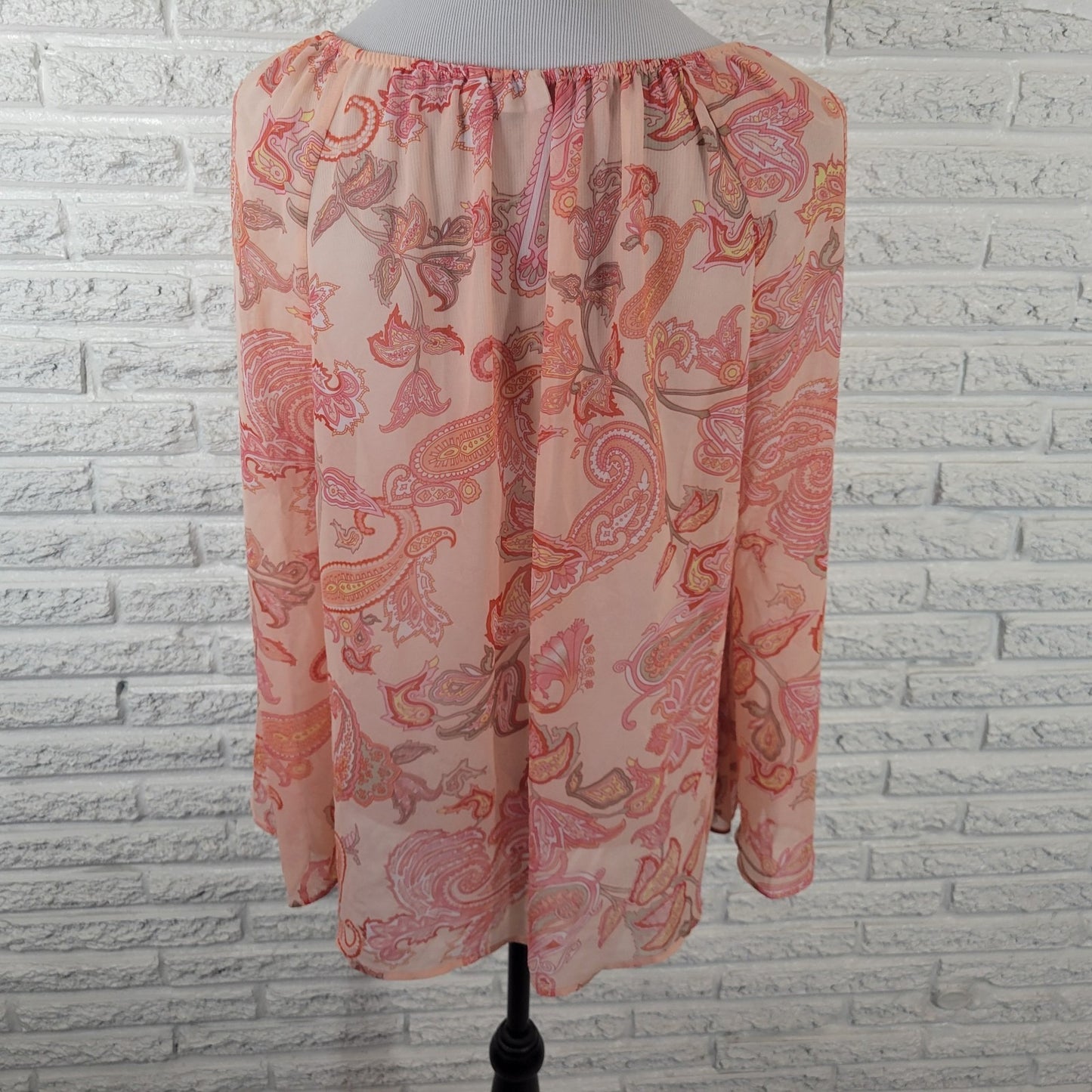 New York Co Womens Top XL Bell Sleeve Orange Paisley Lightweight Polyester Sheer