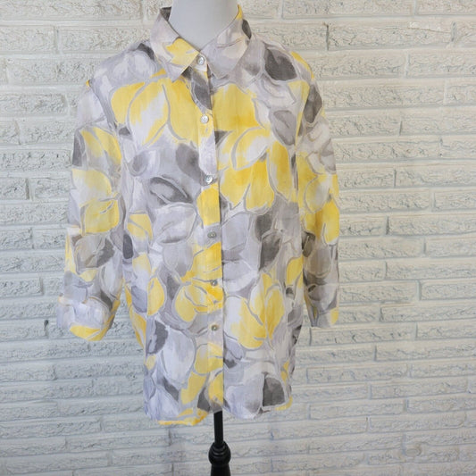 Alfred Dunner Women Top 18 Plus Yellow Floral Sheer Lightweight Button Up Office