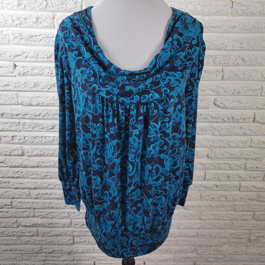 Just My Size Womens Top 1X Plus Long Sleeve Cowl Neck Blue Abstract Soft Comfy