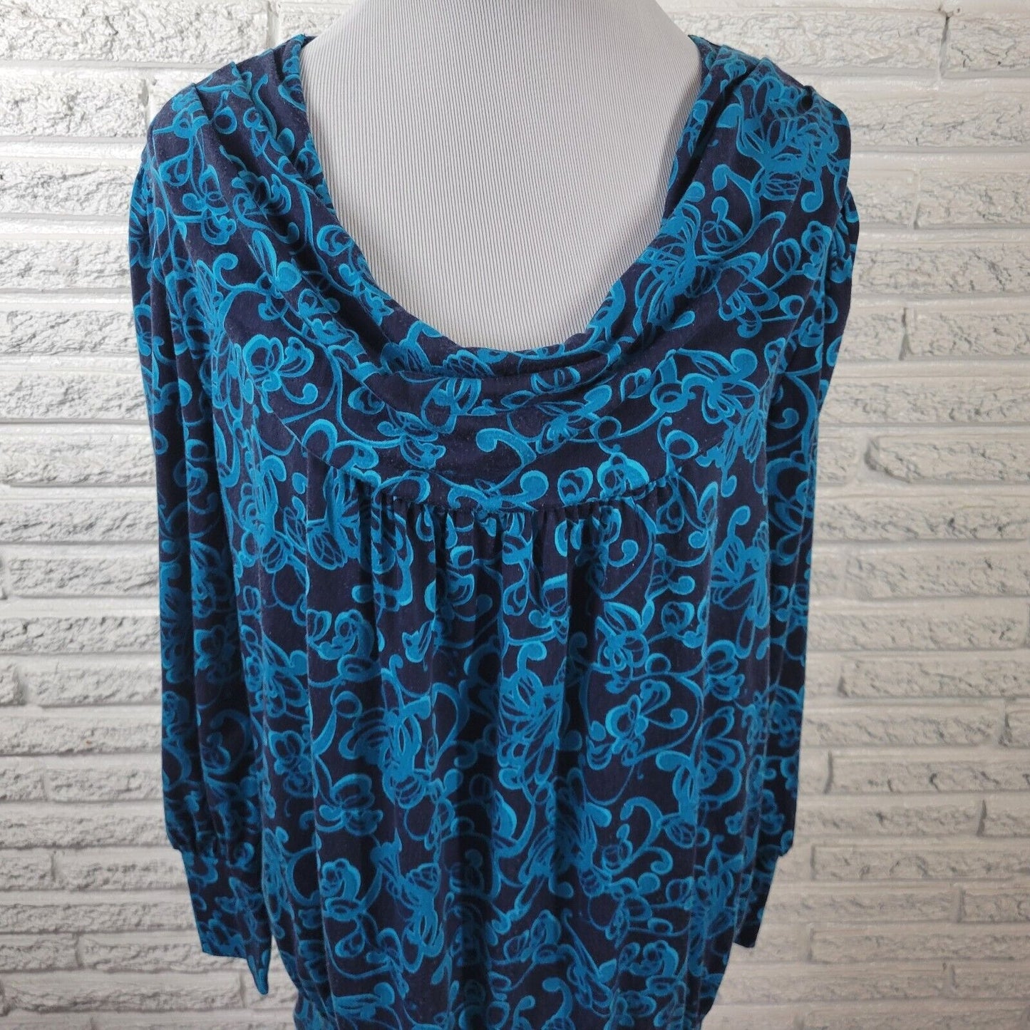 Just My Size Womens Top 1X Plus Long Sleeve Cowl Neck Blue Abstract Soft Comfy