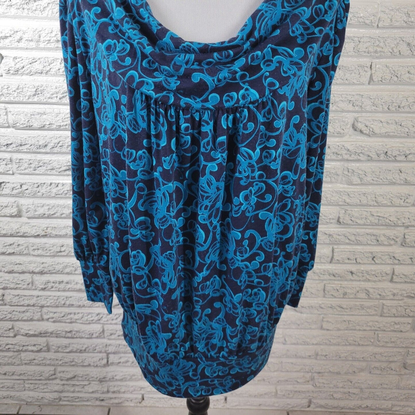 Just My Size Womens Top 1X Plus Long Sleeve Cowl Neck Blue Abstract Soft Comfy