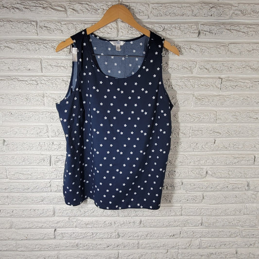 Fourth of July Time Tru Womens Top XL 16 18 Tank Patriotic Polyester Blue Stars