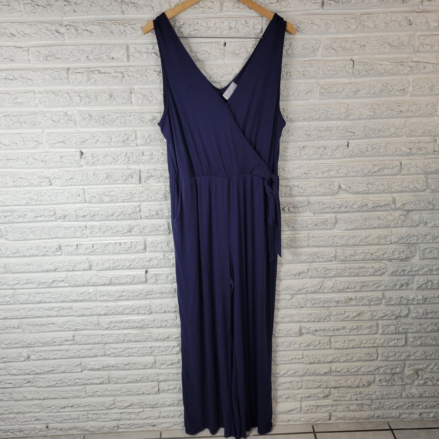 Kaleigh Womens Jumpsuit 1X Plus Sleeveless Blue Pullover Sash Poly Blend Pockets