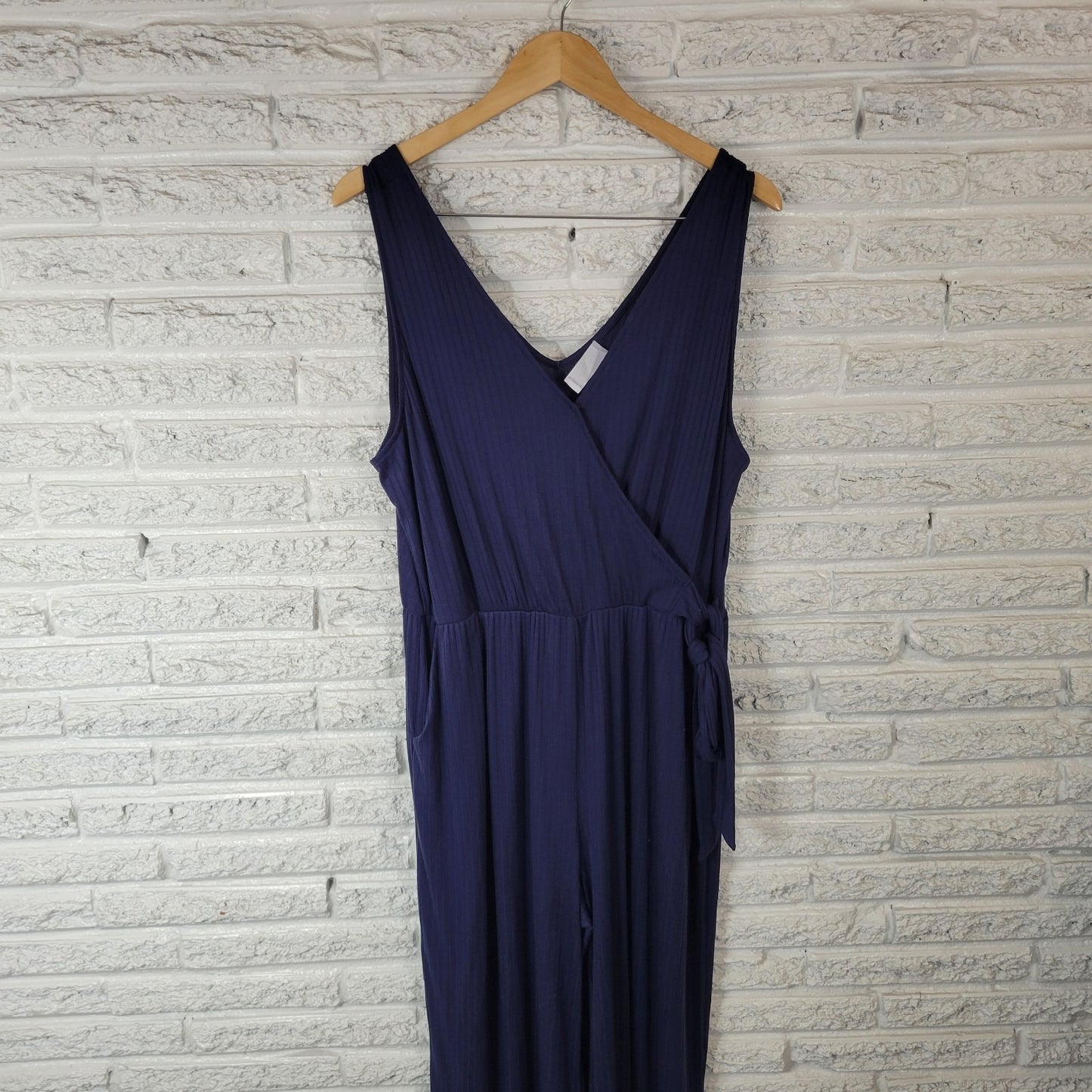 Kaleigh Womens Jumpsuit 1X Plus Sleeveless Blue Pullover Sash Poly Blend Pockets