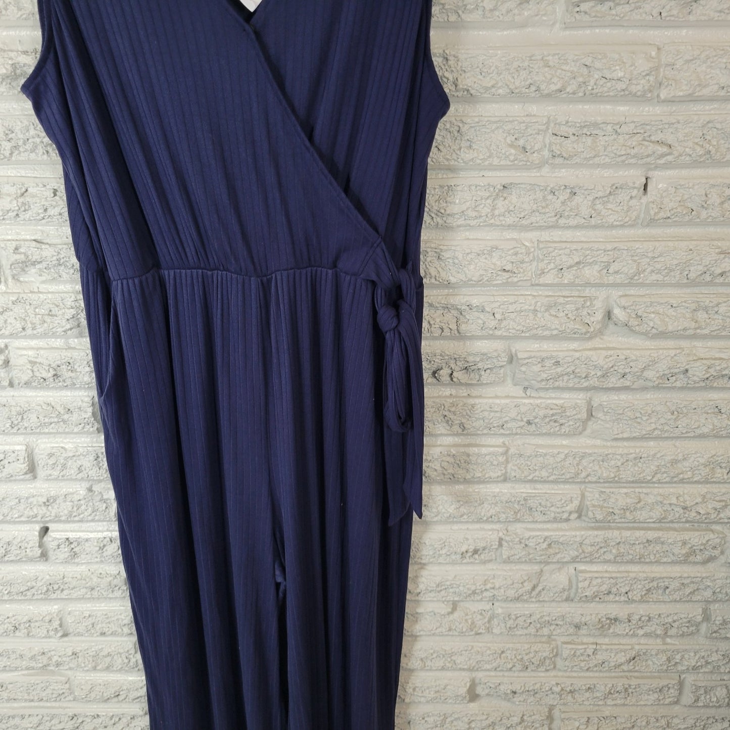 Kaleigh Womens Jumpsuit 1X Plus Sleeveless Blue Pullover Sash Poly Blend Pockets
