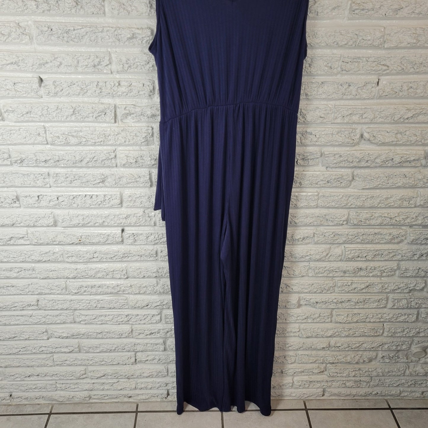 Kaleigh Womens Jumpsuit 1X Plus Sleeveless Blue Pullover Sash Poly Blend Pockets