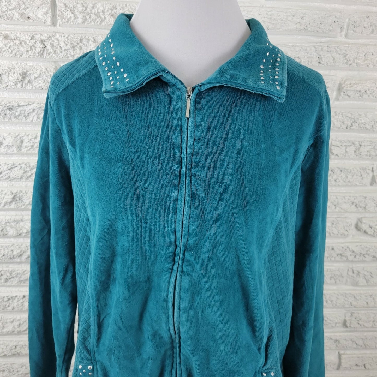 Alfred Dunner Womens Jacket 18 Plus Blue Green Corduroy Studded Casual Collar