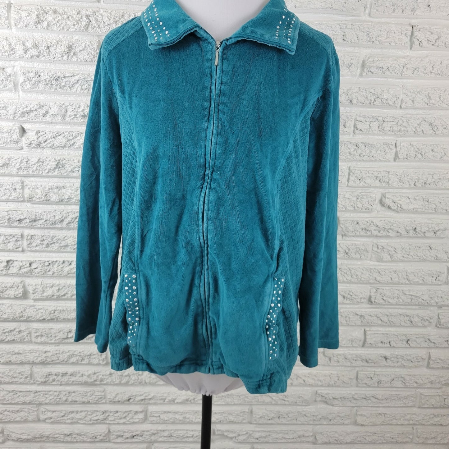 Alfred Dunner Womens Jacket 18 Plus Blue Green Corduroy Studded Casual Collar