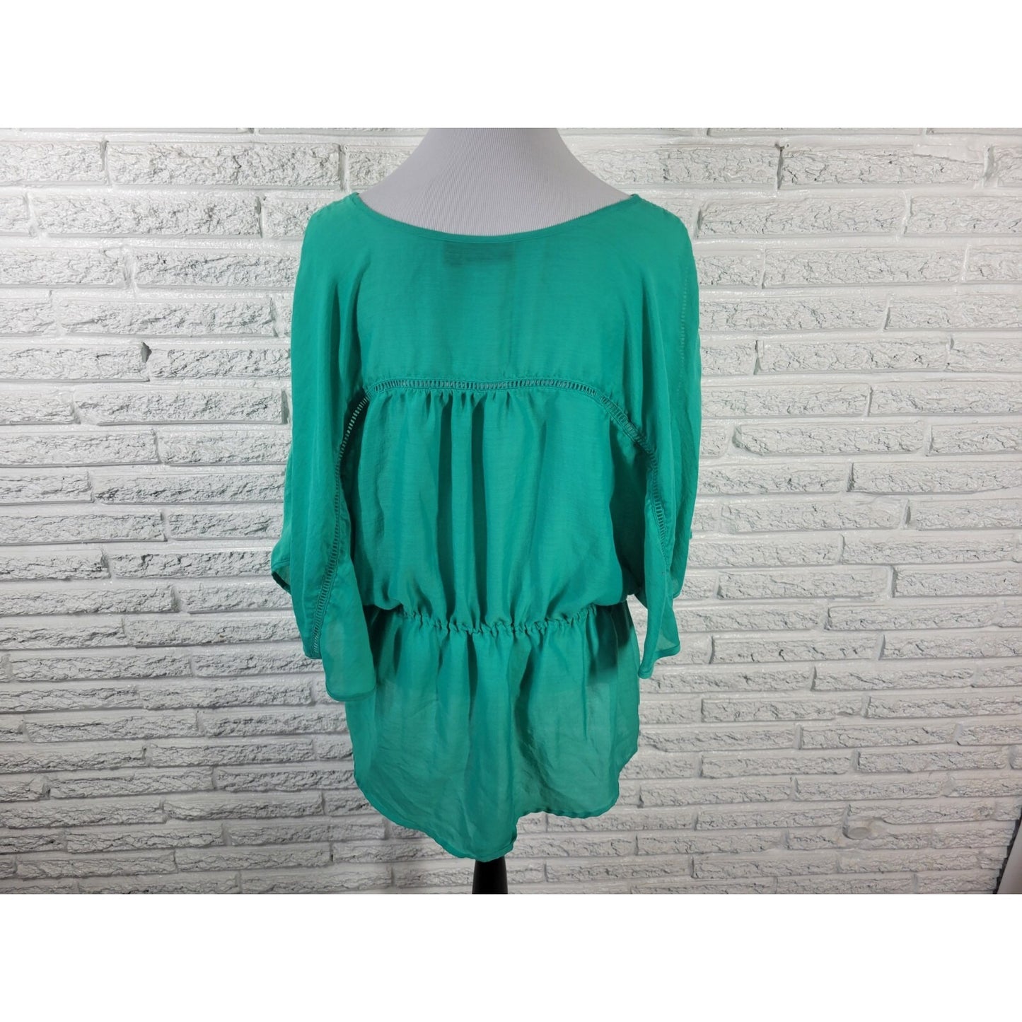 Ana Women Top 1X Plus Batwing Sleeve Blue Green Polyester Comfort Waist Crochet
