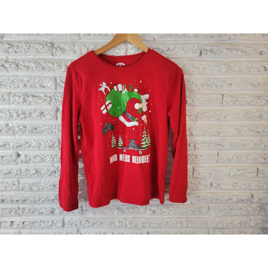 Christmas Holiday Time Womens Top Extra Large XL Tee Long Sleeve Red Santa Claus
