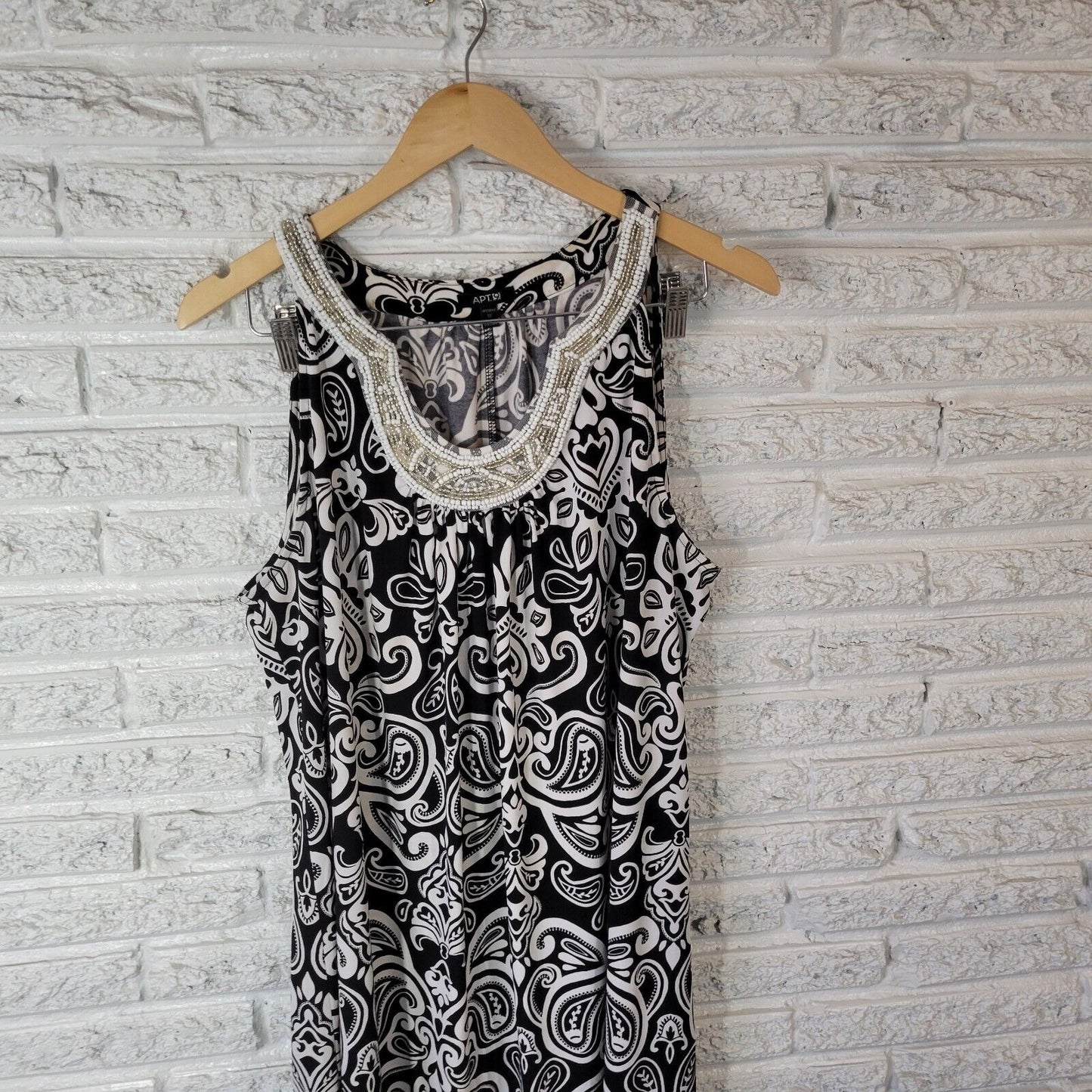Apt 9 Womens Dress 1X Plus Tank Mini Black White Paisley Poly Blend Beaded Comfy