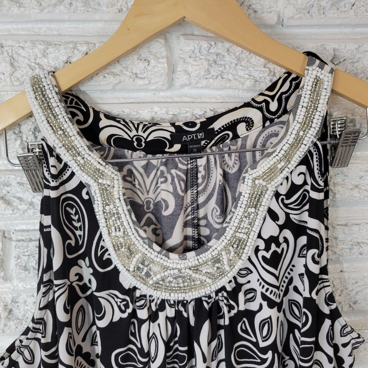 Apt 9 Womens Dress 1X Plus Tank Mini Black White Paisley Poly Blend Beaded Comfy