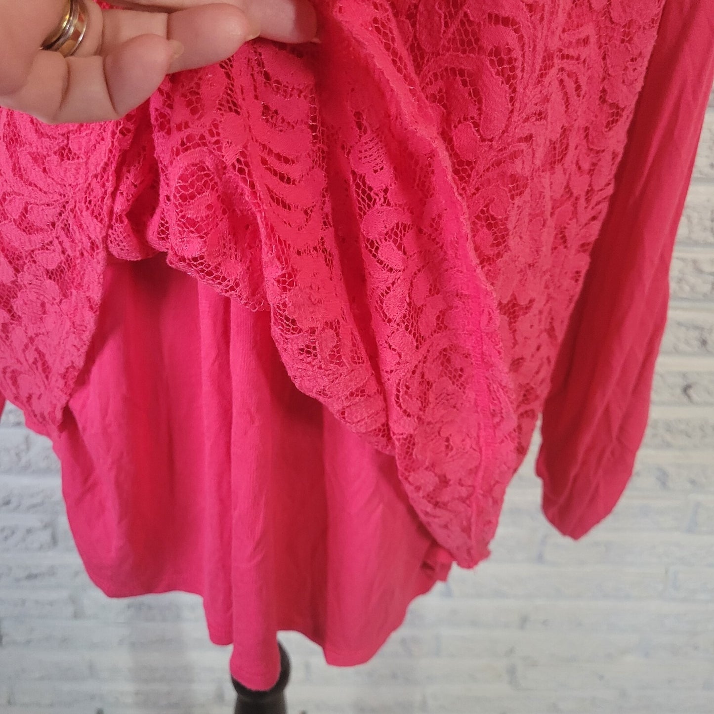 Apt 9 Womens Top 1X Plus Long Roll Tab Sleeve Pink Lace Comfy Quarter Button