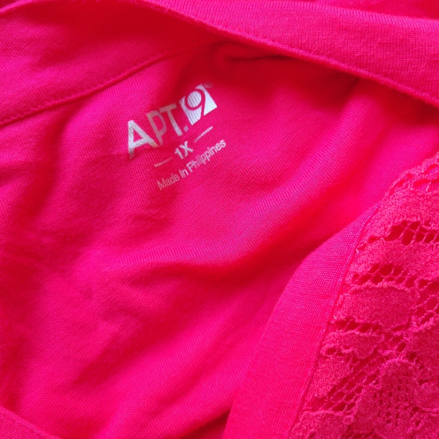 Apt 9 Womens Top 1X Plus Long Roll Tab Sleeve Pink Lace Comfy Quarter Button