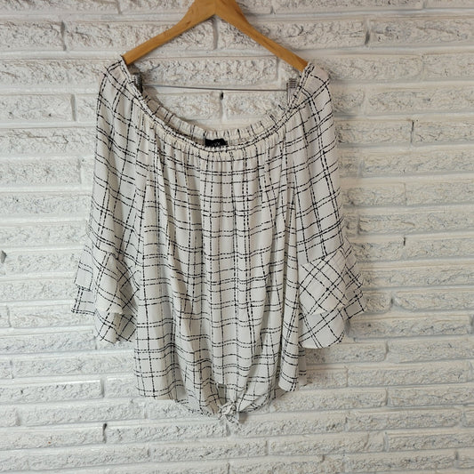 Alyx Womens Top 2X 3/4 Bell Sleeve Black White Squares Polyester On Off Shoulder