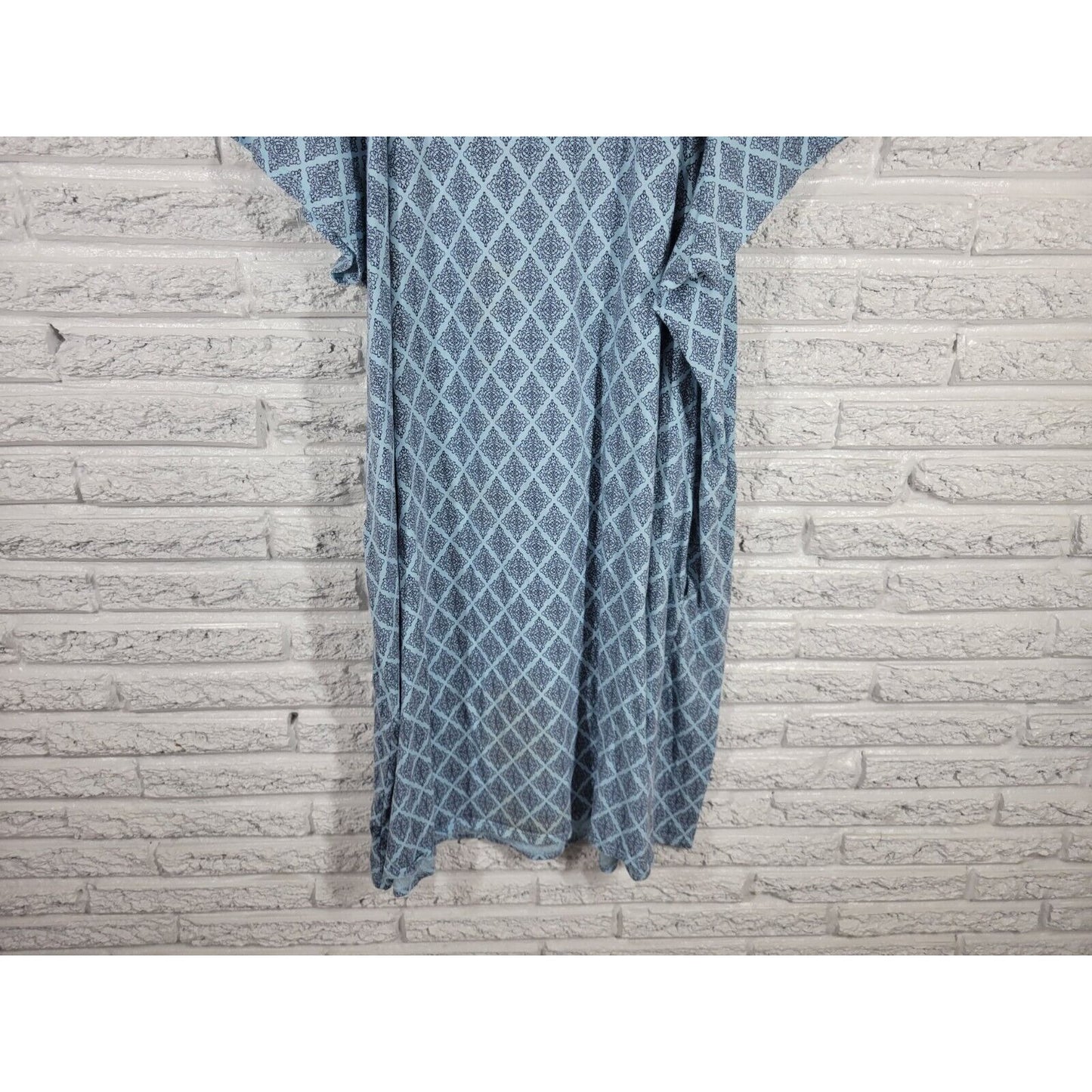 Aria Women Robe 4X Plus Blue Geometric Quarter Button Pockets Kaftan Lightweight