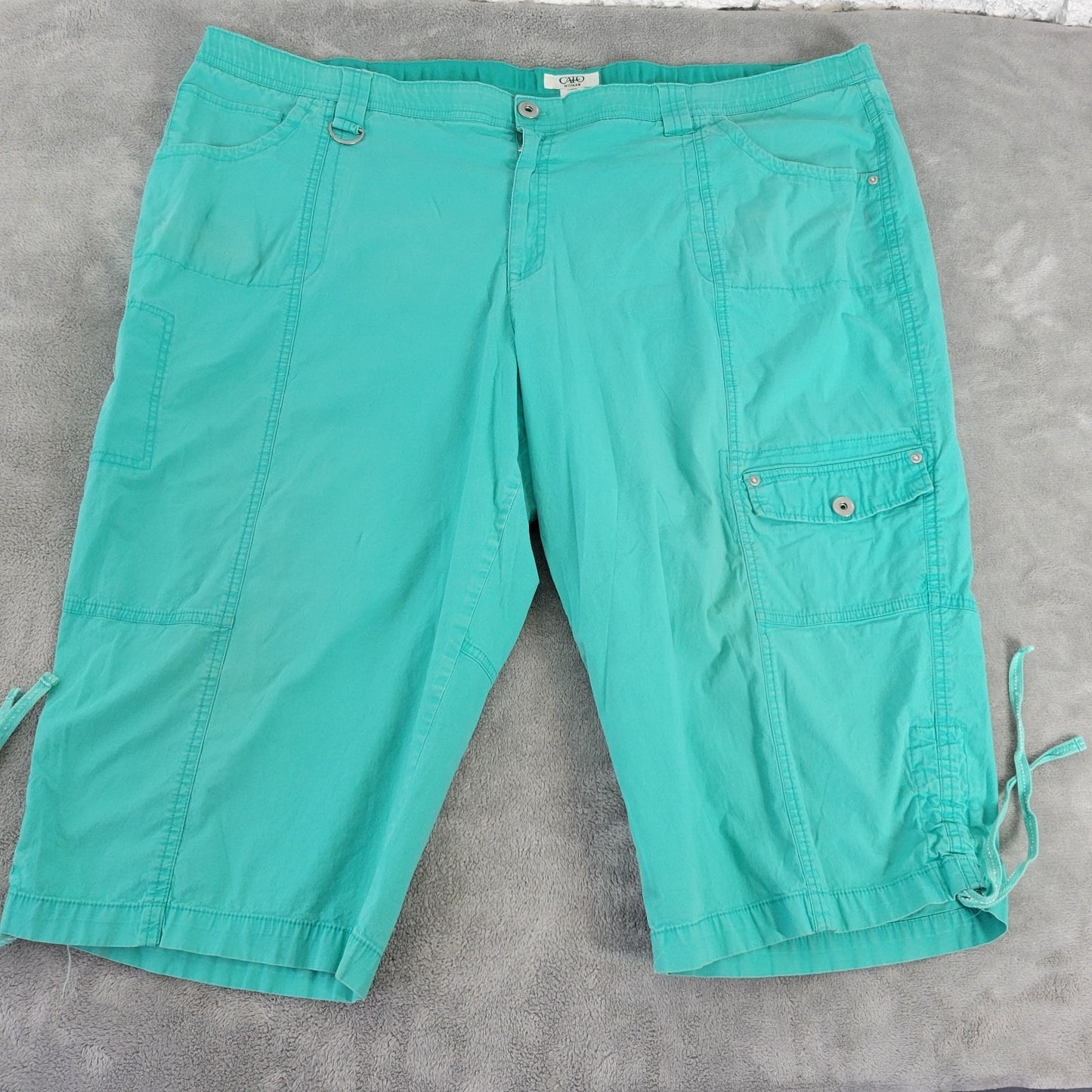 Cato Womens Pants 24W Plus Capri Blue Green Cotton Blend Zip Fly Comfy Tied Hems