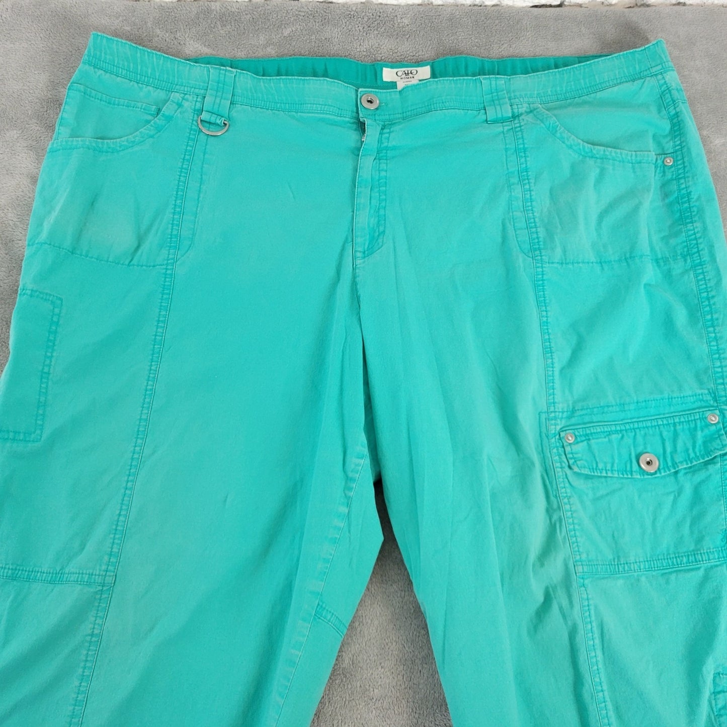Cato Womens Pants 24W Plus Capri Blue Green Cotton Blend Zip Fly Comfy Tied Hems