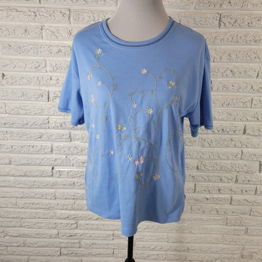 Keneth Too Womens Top Extra Large Tee XL Short Sleeve Blue Crochet Embroidered