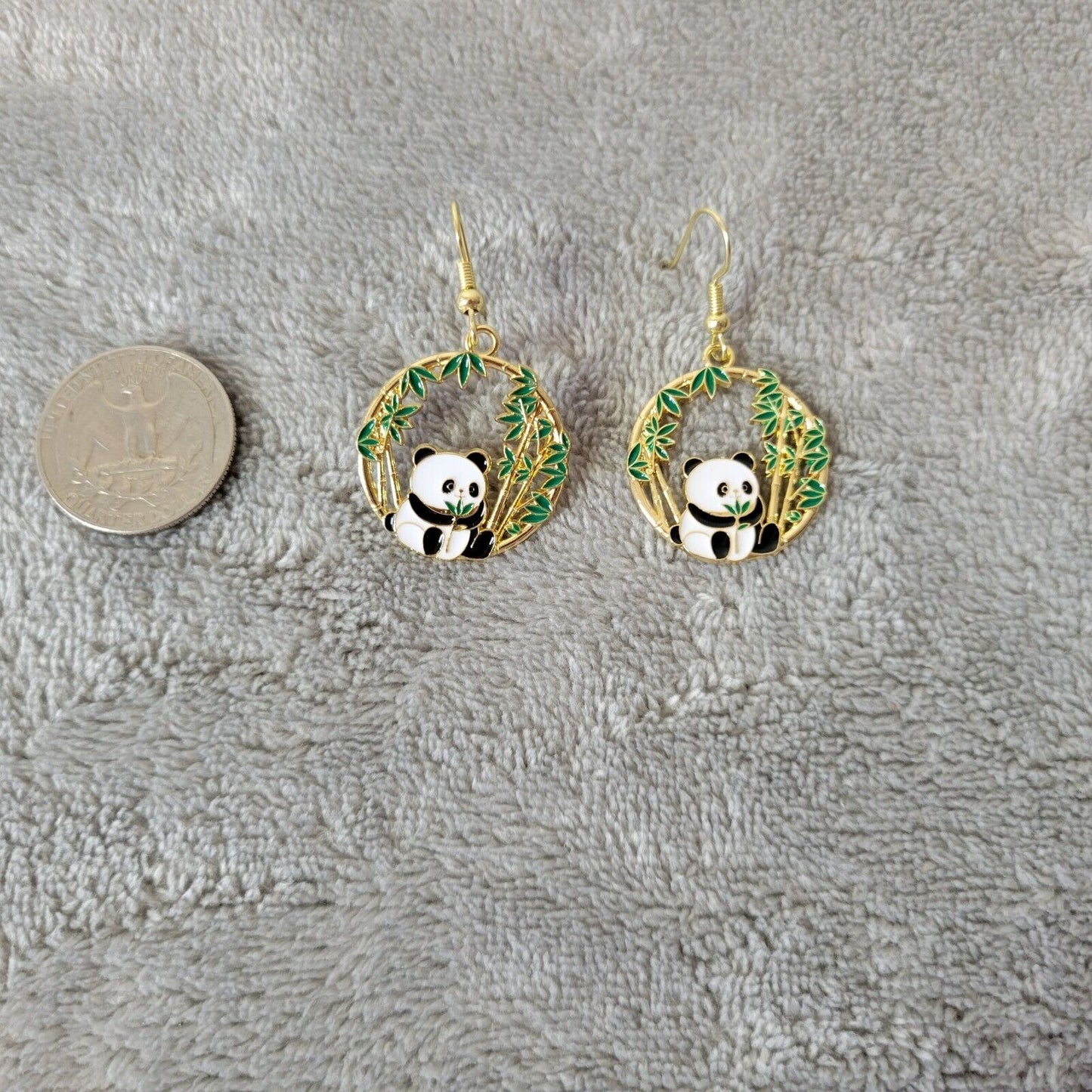 Panda Bear Earrings One Pair Gold Tone Hanging Dangle Fish Hook Novelty