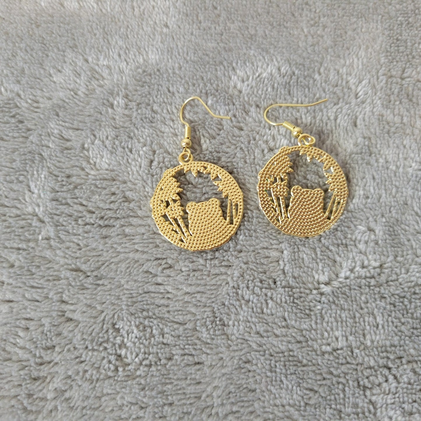 Panda Bear Earrings One Pair Gold Tone Hanging Dangle Fish Hook Novelty