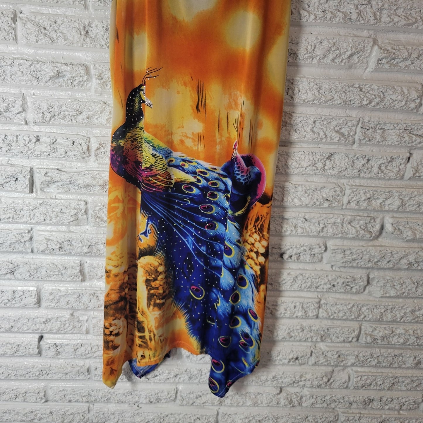 Womens Top XL Tank Tunic Lace Racerback Peacocks Handkerchief Hem Rhinestones