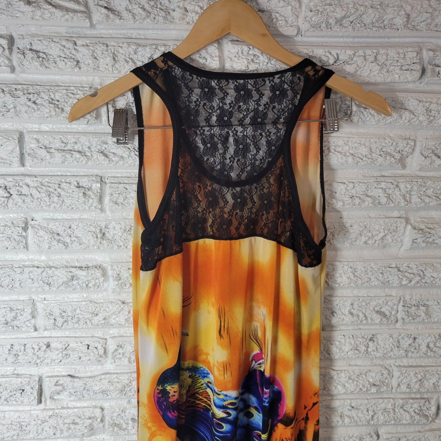 Womens Top XL Tank Tunic Lace Racerback Peacocks Handkerchief Hem Rhinestones