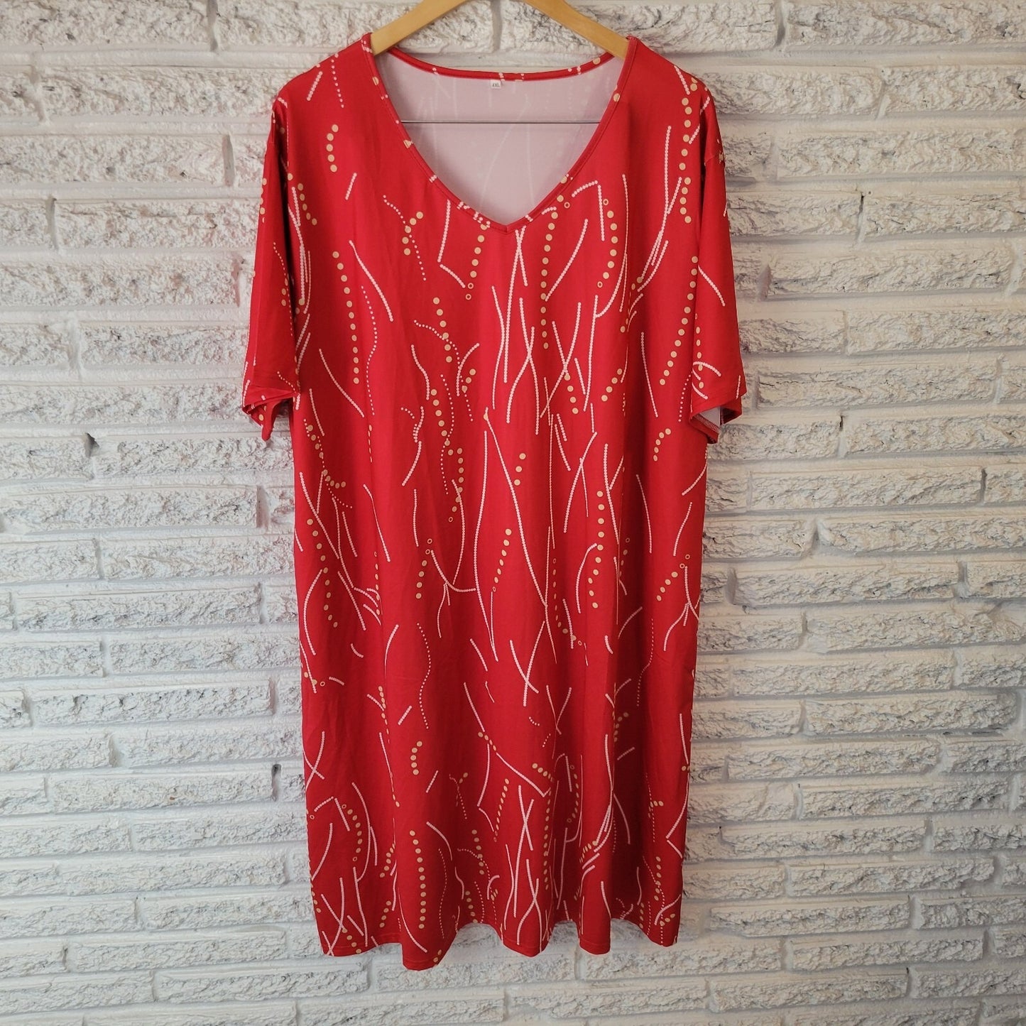 Womens Dress 4XL Plus Short Sleeve Knee Length Red Geometric Poly Blend Casual