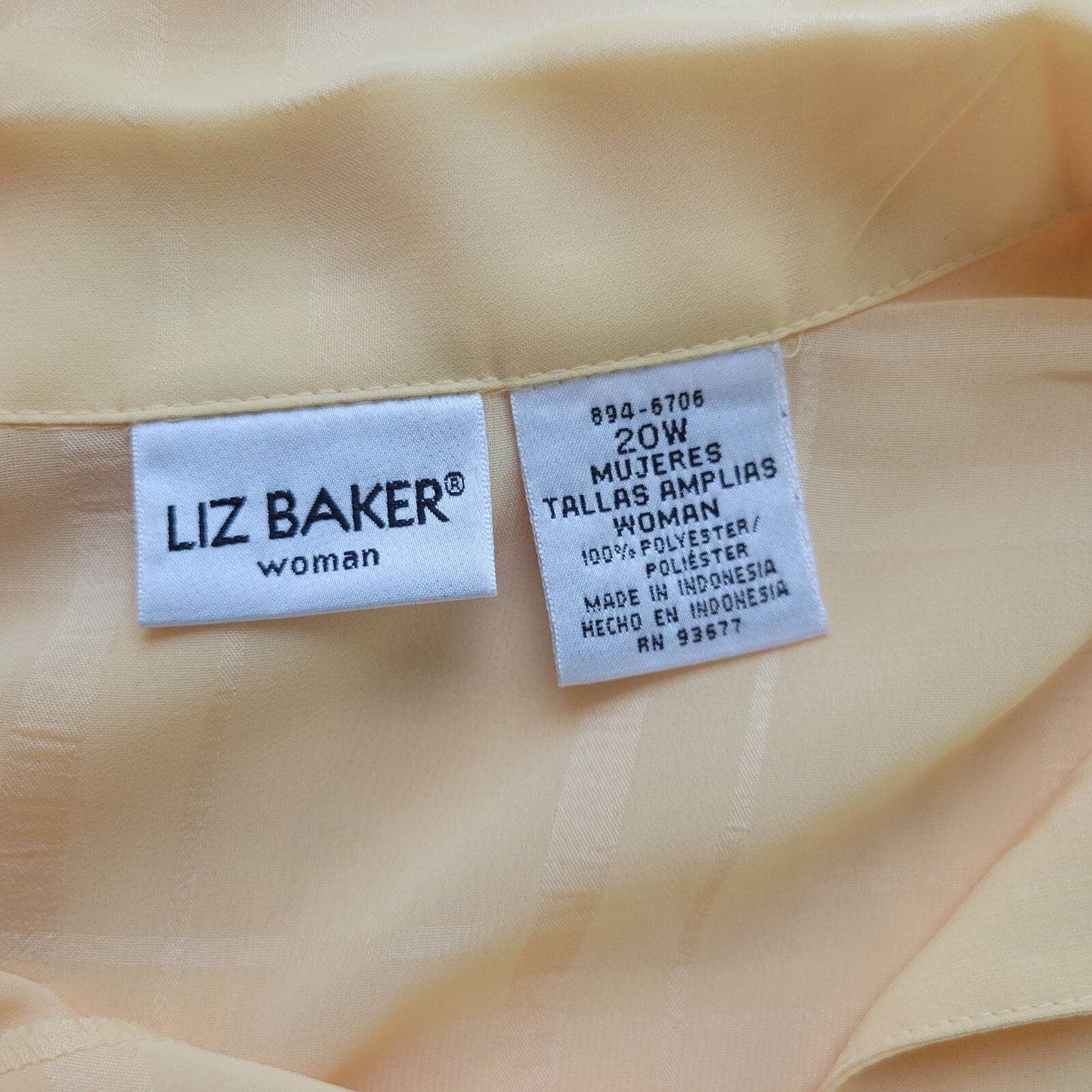 Liz Baker Womens Top 20W Plus Long Sleeve Yellow Lightweight Sheer Collar Career