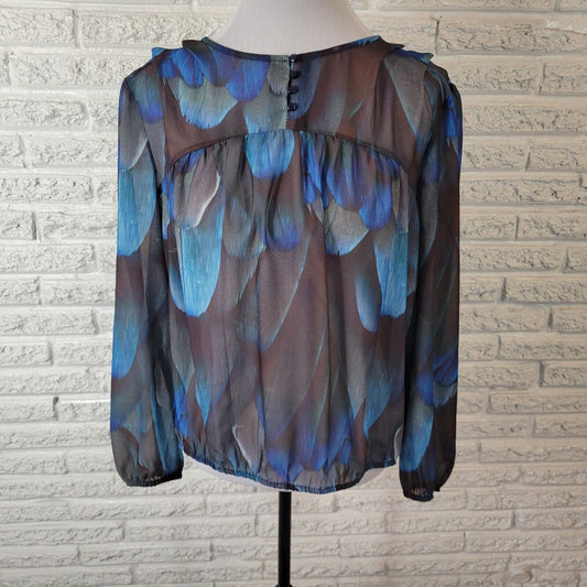 Ana Womens Top PXL Petite Quarter Button Blue Watercolor Lightweight Sheer