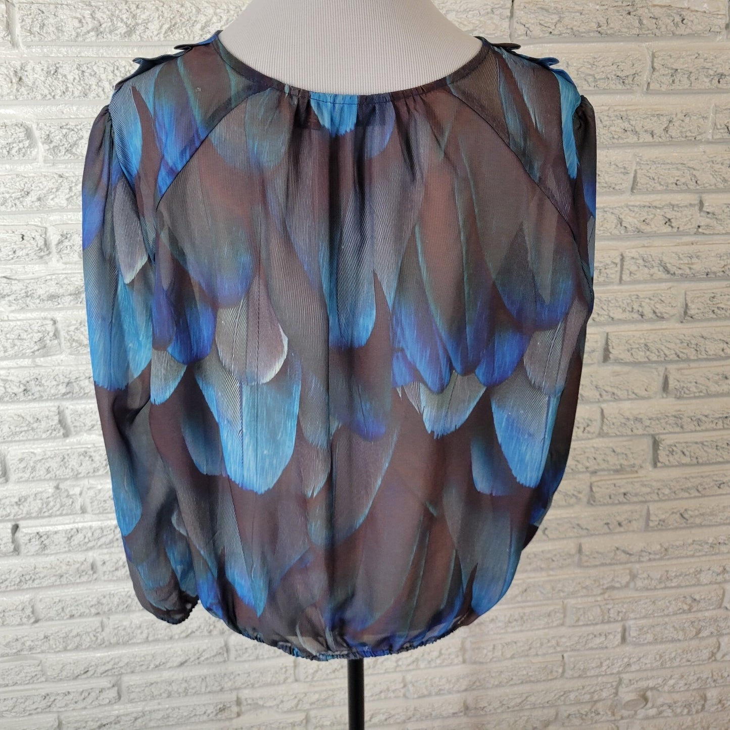 Ana Womens Top PXL Petite Quarter Button Blue Watercolor Lightweight Sheer