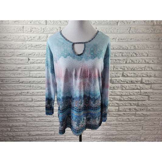 Live Let Live Women Top Extra Large Long Sleeve Blue Geometric Keyhole Casual
