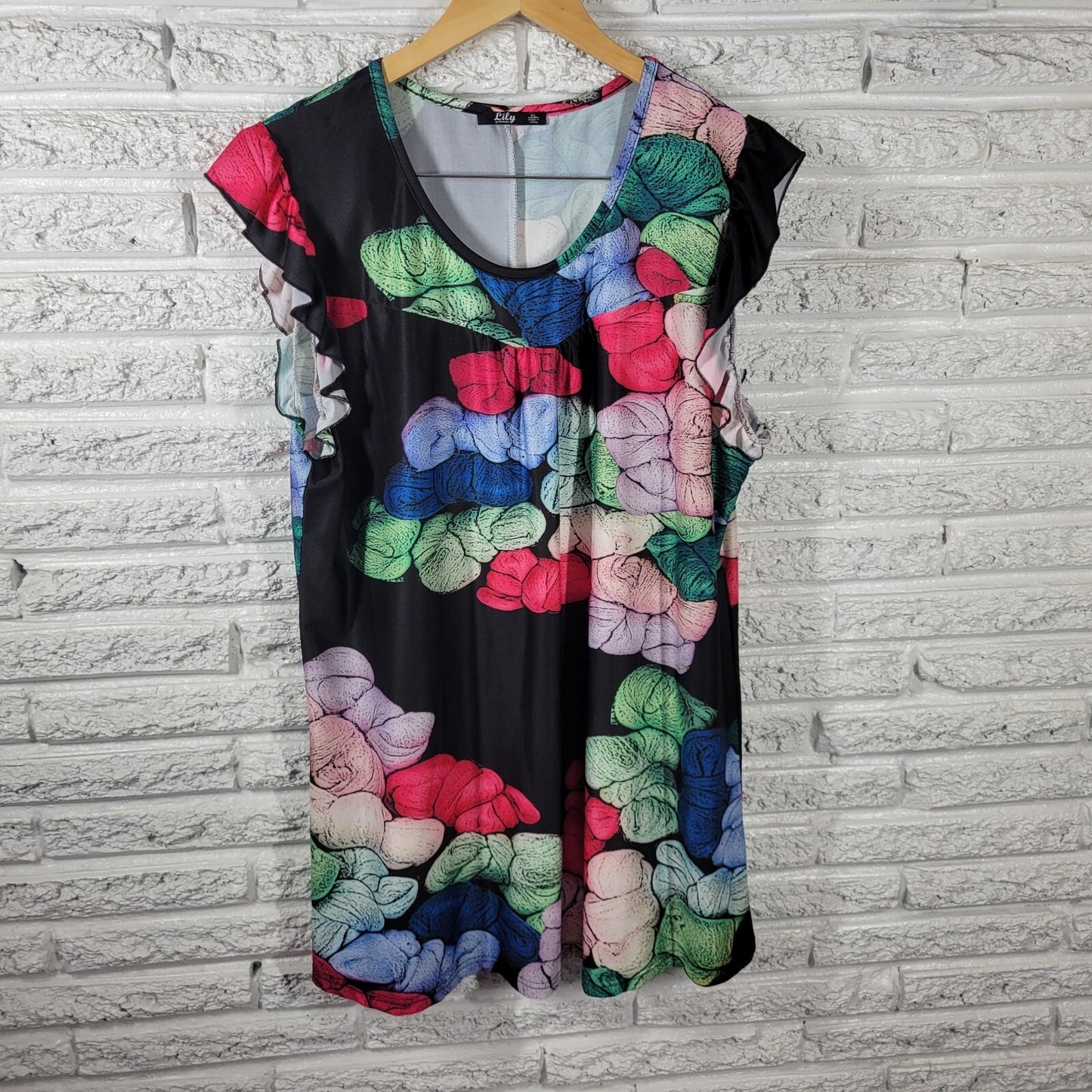 Lily Firmiana Women Dress Extra Large Mini Blue Red Watercolor Cap Ruffle Sleeve