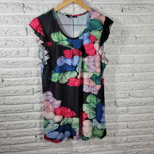 Lily Firmiana Women Dress Extra Large Mini Blue Red Watercolor Cap Ruffle Sleeve