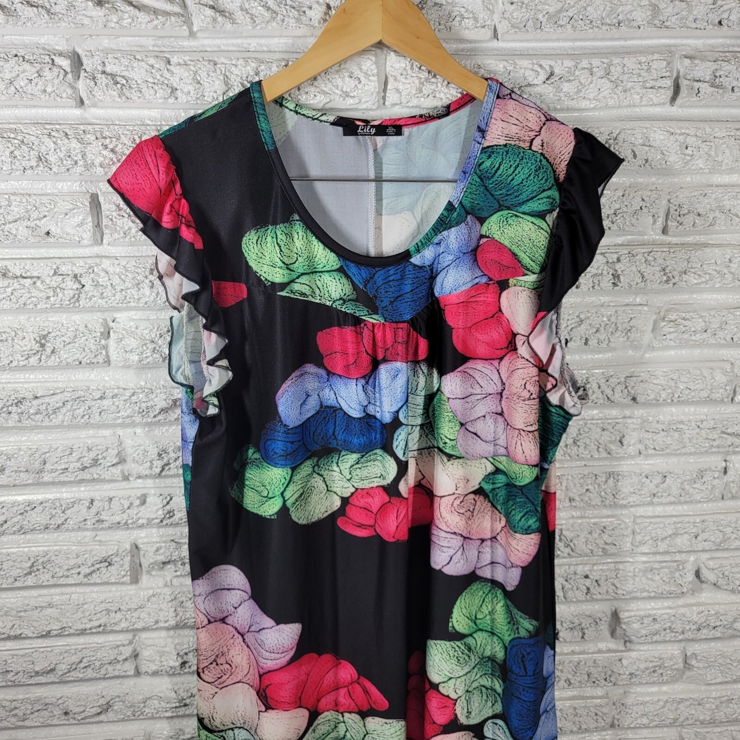 Lily Firmiana Women Dress Extra Large Mini Blue Red Watercolor Cap Ruffle Sleeve