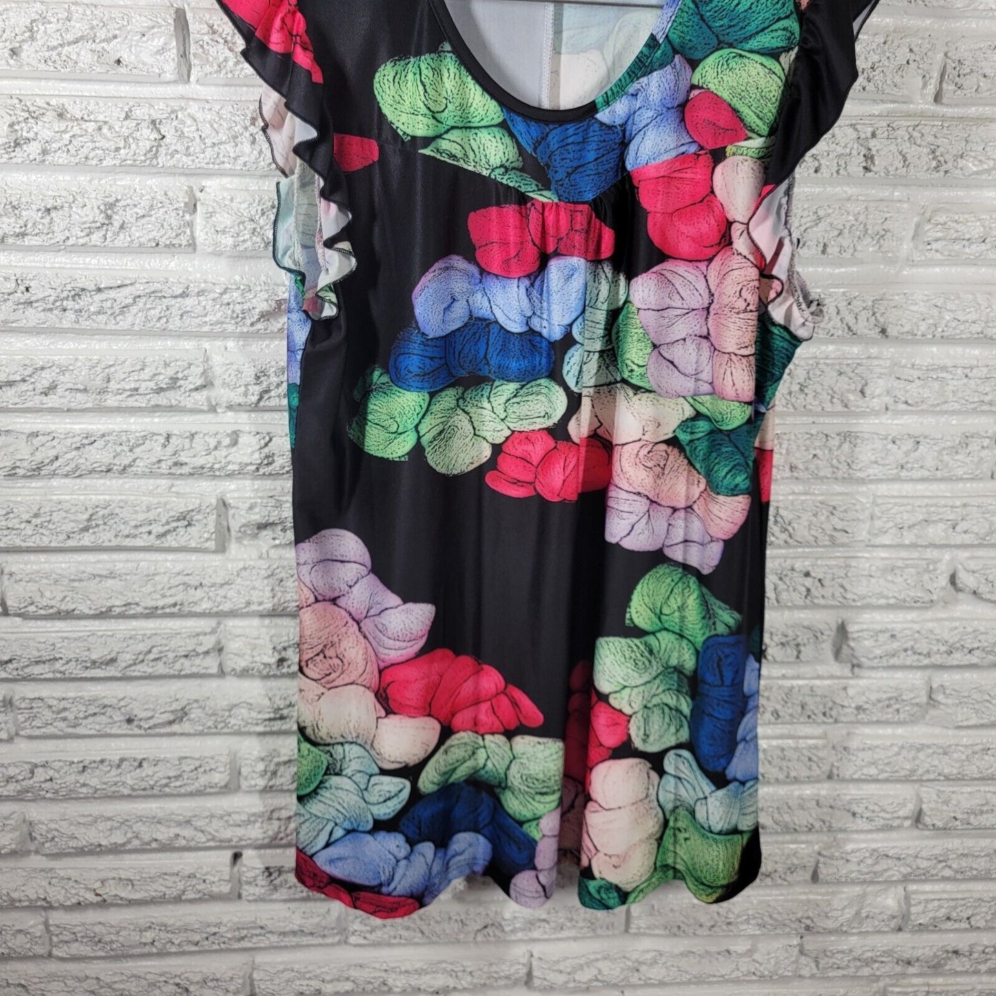 Lily Firmiana Women Dress Extra Large Mini Blue Red Watercolor Cap Ruffle Sleeve